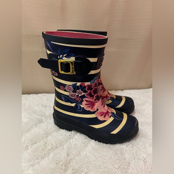 Joules Girls Floral Stripe Rain Boots – Navy & Pink Size 12 - Picture 4 of 6